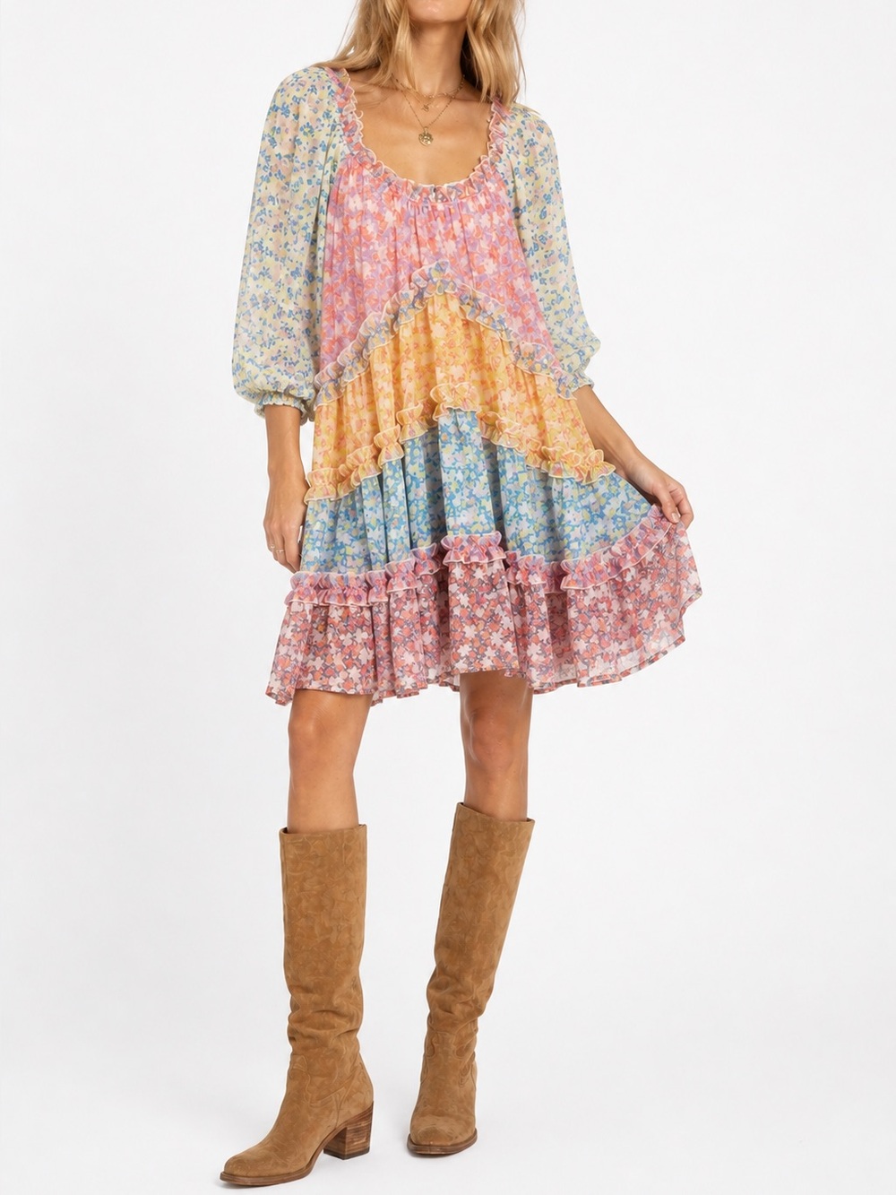 LoveColette Floral Tiered Ruffle Boho Cottagecore Mini Dress in Pastel Medium‎